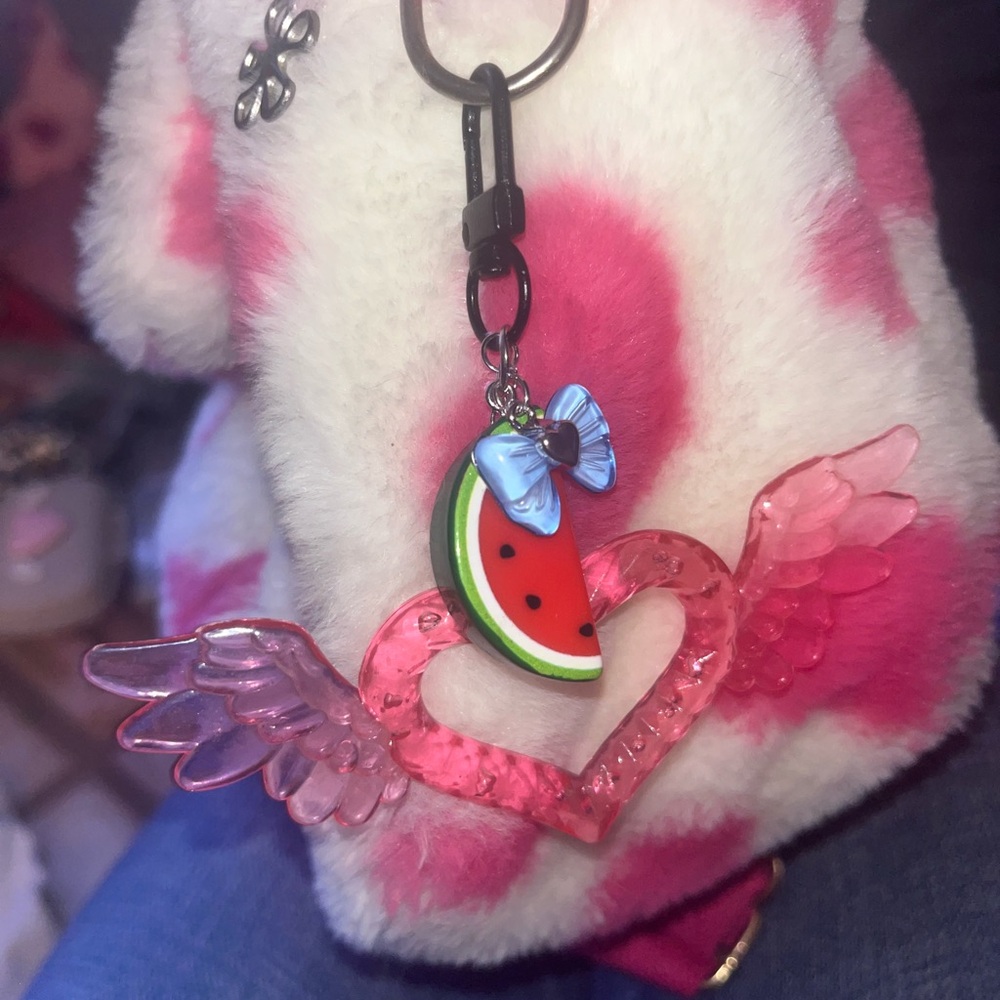 SOLD NEW Pink Heart Wing Keychain with Watermelon and Bow charms - Picture 2 of 3